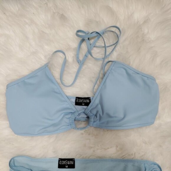 Icon Swim Light Blue Bikini Set With Ruched Cover Up Skirt & Halter Top Size M - Picture 5 of 12